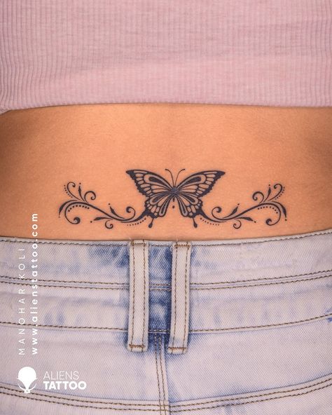 Bottom Stomach Tattoos, Butterfly Waistline Tattoo, Lower Back Butterfly Tattoos For Women, Moon Lower Back Tattoo, Butterfly Tattoo Lower Back, Chest Butterfly Tattoo, Lower Back Butterfly Tattoo, Lower Back Tattoos For Women Classy, Feminine Tattoos For Women