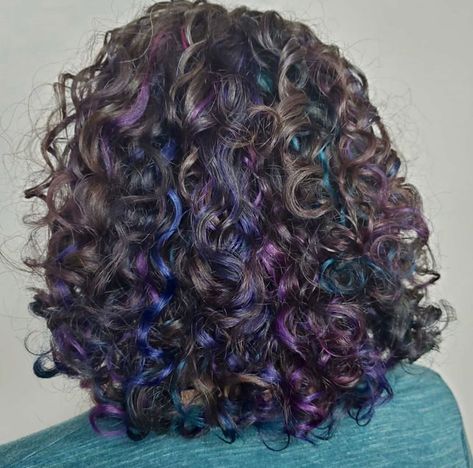 Purple Money Piece Curly Hair, Oil Spill Hair Curly, Pink Purple Blue Hair Highlights Dark Brown, Purple Underdye Hair Curly, Curly Colored Hair Aesthetic, Colored Curly Hair Ideas, Peekaboo Hair Color Curly, Curly Hair Peekaboo Color, Hair Dye Ideas For Curly Hair