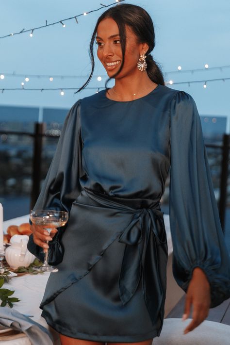 Gorgeous navy blue satin dress with sleeves for a fall or winter wedding guest. #commissionlink #weddingguest #dresses #bluedress Opal Dress, Winter Wedding Guests, Petal And Pup, Fall Wedding Guest, Fall Wedding Guest Dress, Guest Attire, Wedding Attire Guest, Cocktail Attire, Usa Dresses