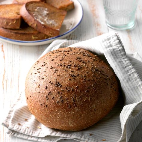 Rustic Rye Bread Recipe -This gorgeous rye bread has just a touch of sweetness and the perfect amount of caraway seeds. With a crusty top and firm texture, it holds up well to sandwiches, but a pat of butter will do the job, too. —Holly Wade, Harrisonburg, Virginia Homemade Rye Bread, Rye Bread Recipe, Rye Bread Recipes, Yeast Bread Recipes, Fried Fish Recipes, Caraway Seeds, Cinnamon Bread, Yeast Bread, Rye Bread