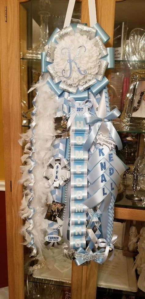 Colorful Mums Homecoming, Blue White Silver Homecoming Mum, Homecoming Mums Blue And White, Blue And White Homecoming Mums, Blue And White Mums Homecoming, Blue Mums Homecoming, Freshman Mum, Big Mum, Senior Pants