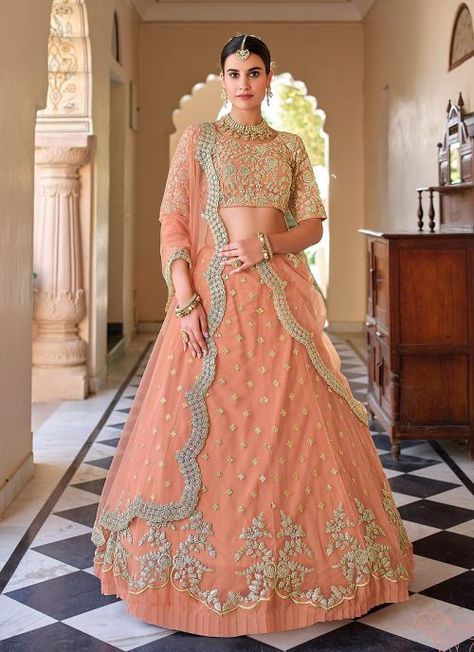 Peach and Gold Embroidered Lehenga Peach Lehenga, Indian Wedding Lehenga, Lehenga Choli Wedding, Lehenga Suit, Party Wear Lehenga Choli, Lengha Choli, Net Lehenga, Indian Lehenga, Ghagra Choli