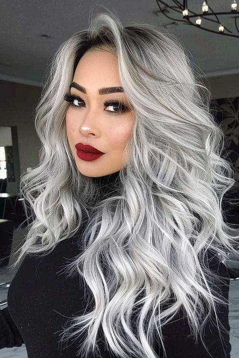 40+ Silver Hairstyles That Look Amazing on Anyone - Flo's Blog Long Black And Silver Hair, Silver Shadow Root, Highlights Grown Out, Grey Silver Hair Color, Ice Grey Hair, Platinum With Shadow Root, Platinum Grey Hair Silver, Silver Hair With Shadow Root, Blonde With Silver Highlights