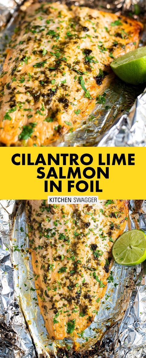 Salmon With Cilantro, Foil Salmon, Salmon In Foil Recipes, Cilantro Lime Salmon, Salmon In Foil, Lime Salmon, Butter Salmon, Salmon Dinner, Baked Salmon Recipes