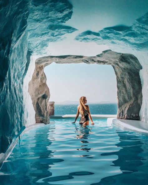 Merel on Instagram: “Checking in from Amsterdam 🙋🏼‍♀️Took a week off social media, did you miss me? // Photo taken at the Cave pool suite at beautiful…” Greece Pool, Cave Pool Aesthetic, Rock Pools Aesthetic, Hotel Swimming Pool Aesthetic, Santorini Cave Pool, Cave Pool, Interior Design Blogs, Cavo Tagoo Mykonos, Mykonos Greece