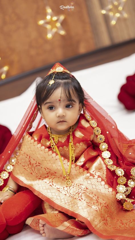 Dressed up my baby Girl for her rice ceremony! #babybride #babysaree #onnoprashon #radhikatales #radhika #babysaree #babybenarasisaree #banarasisaree #riceceremony #indianriceceremony #bengaliriceceremony #bengali Rice Ceremony, Indian Baby Girl, Twin Baby Boys, Indian Wedding Poses, Baby Boy Outfits Swag, Long Gown Design, Indian Baby, Bollywood Party, Newborn Baby Photoshoot