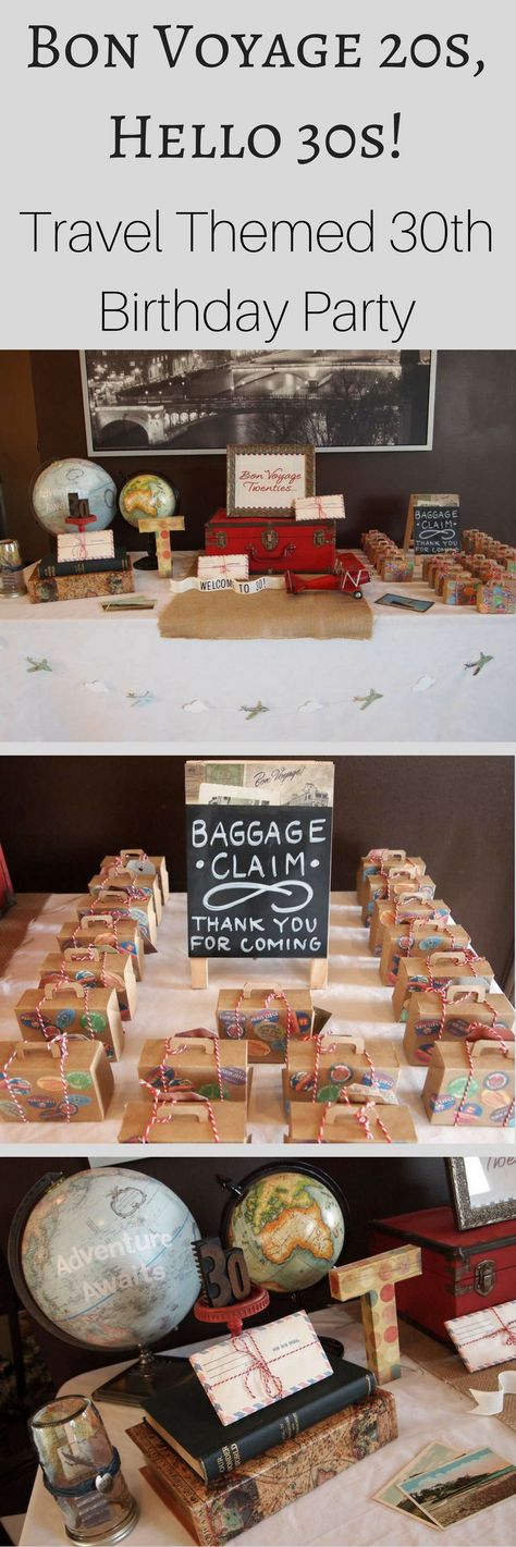 Creative 30th Birthday Party idea! Say bon voyage to your 20s and hello to your 30s with this travel themed birthday party. Full of fun ideas for travel themed party decor, party favors & more. Travel Decorations Party, Creative 30th Birthday Ideas, Traveler Theme Party, Geography Birthday Party, Travel Party Food Ideas, Travel Themed Snacks, Traveling Party Theme, Passport Party Theme, Travel Party Favors