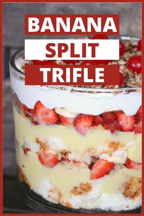 Closeup shot of banana split trifle in glass dish. Banana Split Truffles, Banana Split Pudding, Banana Split Trifle, Strawberry Banana Desserts, Banquet Desserts, Dessert Trifles, Dessert Potluck, Banana Trifle, Banana Split Dessert Recipes