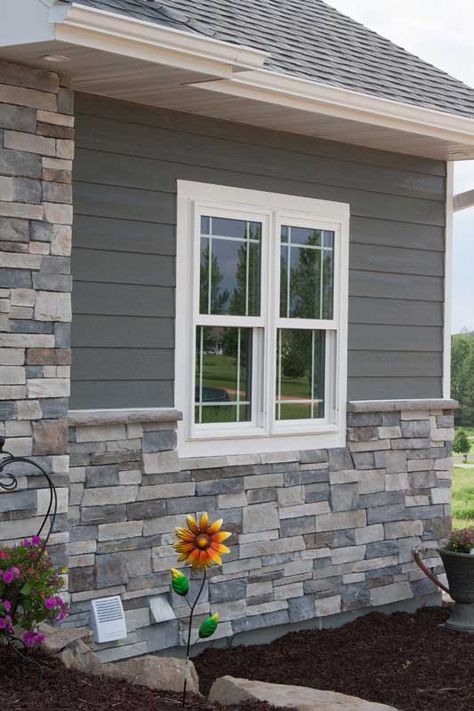 Siding Stone Exterior, Gray Siding And Stone Exterior, Stone Ideas For Front Of House, Stone On Front Of House Exterior, Outside Stone On House, Stone Over Brick Exterior, Grey Exterior House Colors With Stone, Exterior Rock On House, Stone Accent Exterior