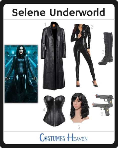 Try the Selene Underworld costume to become one of the most powerful and sexy vampires this Halloween. Follow our guide and pull off her trademark look for your next cosplay event. #selene #underworld #underworldselene #cosplay #halloweencostume #costumesheaven Selena Underworld Costume, Underworld Halloween Costume, Selene From Underworld, Selene Underworld Cosplay, Halloween Costumes With Black Bodysuit, Selena Underworld, Selene Underworld Costume, Underworld Outfit, Underworld Costume