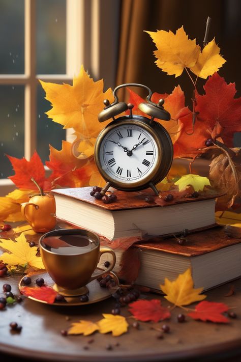 Old Clock, Scrapbook Images, Fall Morning, Holiday Aesthetic, Coffee Books, Old Clocks, Autumn Morning, Harvest Decorations, Autumn Coffee