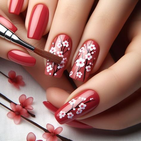 nails Red Cherry Blossom Nails, Shapes Nails, Cherry Blossom Nails Art, Blossom Nails, Ideas Uñas, Cherry Blossom Nails, Red Cherry Blossom, Small Nails, Shaped Nails