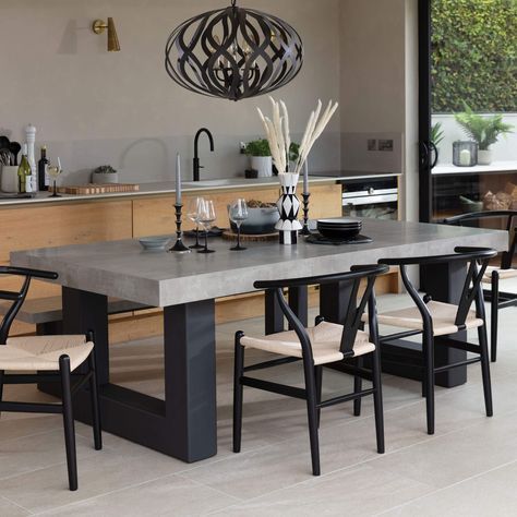 Large Concrete Dining Table, Black And Grey Dining Table, Concrete Dining Table And Chairs, Concrete Dining Table Styling, Omakase Design, Dining Table Legs Ideas, Concrete Dinning Table, Concrete Dining Room Table, Modern Industrial Dining Table