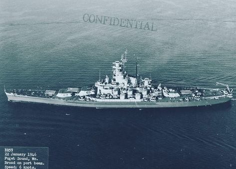 The battleship USS Massachusetts BB-59, is seen at Puget Sound on January 22 1946 in this United States Navy photograph. The 'confidential' status seems odd as the Second World War had been over for months, and by this time, the future of the pre-Iowa class battleships was already being questioned. Massachusetts displaced over 45,000 tons, was 680' long with  a beam of 108', & carried a complement of over 2,500. The battleship could reach speeds of over 27 knots & was armed with nine 16" guns. Uss Massachusetts, Ironclad Warship, Uss Alabama, Uss Iowa, Model Warships, Capital Ship, Us Navy Ships, Naval History, Zero Tolerance