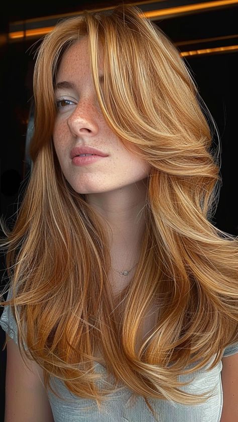 25 Stunning Strawberry Blonde Hair Styles to Try Strawberry Blonde With Root Smudge, Curtain Bangs Strawberry Blonde Hair, Curtain Bangs Long Hair Red, Curtain Bangs Long Hair Redhead, Ginger Hair With Curtain Bangs, Strawberry Blonde Balyage, Strawberry Blonde Wolf Cut, Strawberry Blonde Curtain Bangs, Starberry Blonde Hair