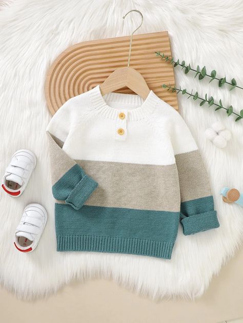 SHEIN Kids EVRYDAY Toddler Boys Color Block Raglan Sleeve Sweater | SHEIN USA Toddler Boy Sweater, Baby Sweater Patterns, Raglan Sleeve Sweater, Cable Knit Jumper, Boys Sweaters, Toddler Boy Outfits, Knitting For Kids, Kids Sweater, Baby Sweaters