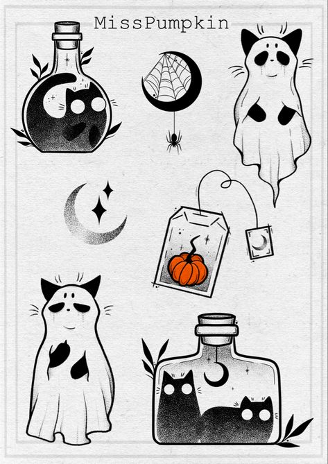 #halloween #spookyseason #tattooflash #tattooideas #tattoo #halloweentattoo #spookytattoo #halloweenvibes #cutetattoo #cutetattooideas #ghost #cuteghost #ghosttattoo #cat #cutecat #cattattoo #ghostcat #moontattoo #pumpkintattoo #pumpkin #potion #potiontattoo #drawing #art #bodyart Halloween Friends Tattoo, Halloween Inspo Drawings, Halloween Couple Tattoo Ideas, Minimalist Spooky Tattoo, Feminine Ghost Tattoo, Virgo Cat Tattoo, Spooky Moon Drawing, Flash Ghost Tattoo, Floral Cat Tattoo Design