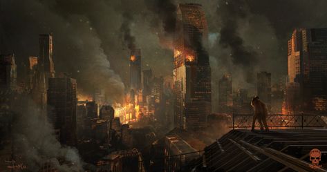 ArtStation - City on fire, Aleksei Liakh Nuclear Art, City On Fire, Environmental Artwork, Apocalypse Landscape, Post Apocalyptic City, Dystopian Art, Dystopian Aesthetic, Abandoned City, Apocalypse World