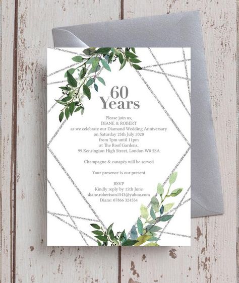 Personalised Printed Silver Geometric and foliage Wedding Anniversary 25th 30th 40th 50th 60th Invit 25th Wedding Anniversary Invitations, 60th Anniversary Parties, Fairy Lights Wedding, Greenery Invitation, Diamond Wedding Anniversary, Grey Wedding Invitations, Anniversary Invitation, 60 Wedding Anniversary, Foliage Wedding