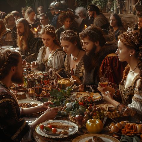 Medieval Revolution Aesthetic, Medieval Feast Aesthetic, Medieval Party Aesthetic, Banquet Aesthetic, Medieval Dinner, Fantasy Dinner, Medieval Jester, Medieval Feast, Medieval Times Dinner