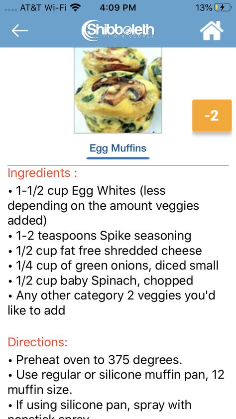 Serving Notes Category 1+2. You may have 2-3 muffins alone as a -2 WLM meal or 1 muffin as a side item combined with 2-4 oz category 1 or 4 protein as a meal, or have 1 muffin as a 0 WLM snack. * Shibboleth Recipes, Egg Muffin, Sheet Pans, Egg Muffins, Better Version, Pot Meals, Baby Spinach, Fat Free, Weight Watchers Meals