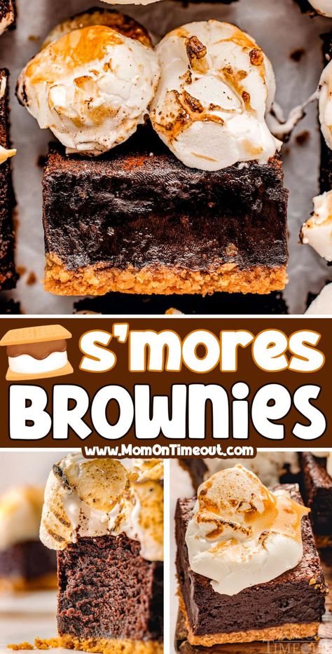 These decadent S’mores Brownies are a delicious twist on classic flavors that everyone will love! With a crunchy graham cracker crust, rich and fudgy brownie layer, and a gooey, toasted marshmallow topping – why have s’mores when you can have S’mores Brownies? | MomOnTimeout.com Milano Cookie Recipe, Marshmallow Topping, Smores Brownies, Gluten Free Graham Crackers, Chocolate Deserts, Smore Recipes, Butter Brownies, Cake Rolls, Chocolate Pack