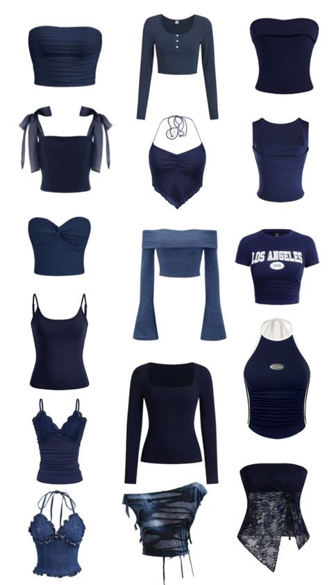 🌌💎 Navy Crop Top Outfit, Navy Blue Top Outfit Ideas, Navy Blue Clothes Aesthetic, Navy Blue Outfit Aesthetic, Navy Blue Aesthetic Outfit, Dark Blue Outfit Aesthetic, Navy Blue Coquette, Blue Outfits Aesthetic, Navy Top Outfit