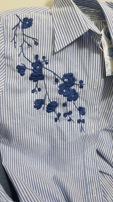 Blue stripes shirt embroidered with flowers #floral #shirt #blue #stripes Striped Shirt Embroidery, Blue Shirt Embroidery, Tshirt Details, Embroidered Stripes, Linen Tops, Shirt Embroidery, Embroidery Inspiration, Linen Top, Embroidered Shirt