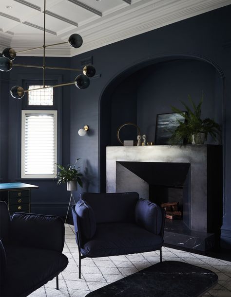 2018 Dulux Colour Awards Finalists Contemporary Gardens, Blue Raven, Dark Living Rooms, Wall Colour, Black Living Room, Space Interiors, Bedroom Paint Colors, Dark Interiors, Blue Living Room