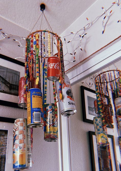 Can Room Decor, Monster Can Decor Ideas, Decorated Dorm Rooms, Monster Cans Hanging From Ceiling, Can Ideas, Hippie Crafts Ceiling Lights, Soda Can Decor, Indie Ceiling Decor, Monster Cans Room Decor