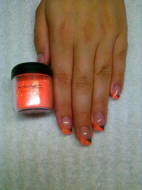 Orange And Black French Tip Nails, Orange And Black Nails Acrylic, Black And Orange Nails Acrylic, Orange And Black Halloween Nails, Orange And Black Nail Designs, Giants Nails, Orange And Black Nails, Black And Orange Nails, Sporty Nails