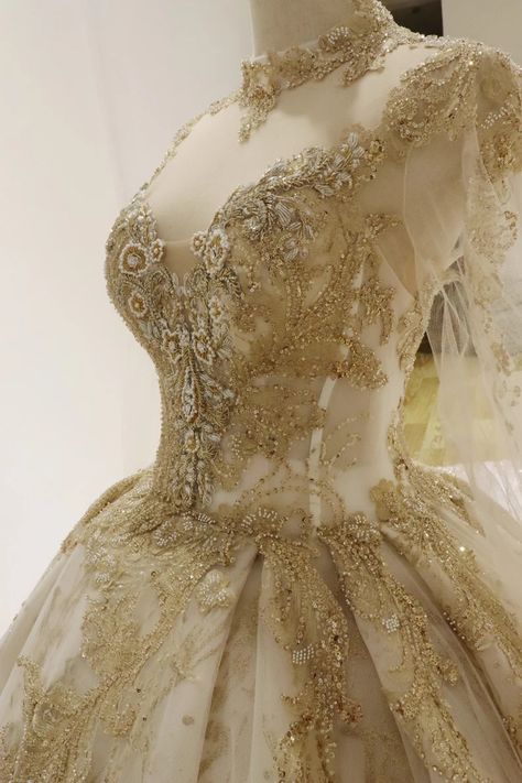 Wedding Dress With Gold Accents, Quinceañera Planning, Royal Ballgown, Strapless Wedding Dress Ballgown, Types Of Necklines, Golden Queen, Xv Ideas, Tale Dress, Shifting Realities