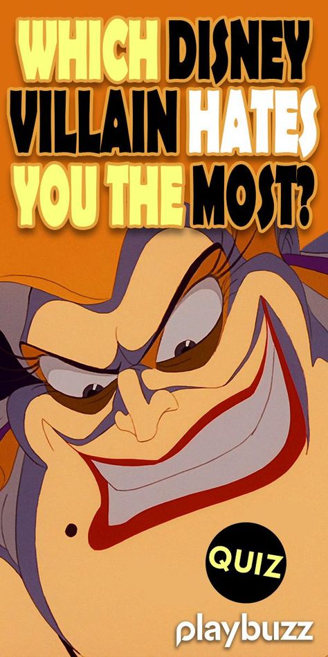 Ever wondered which Disney villain hates your guts? I'm sure all Disney villains hate you to a certain degree...but which one REALLY despises you? Take this quiz and find out the scary truth. *** #PlaybuzzQuiz  #DisneyQuiz Personality Quiz Horror Quiz Disney Villians Hades Ursula Scar Jafar Disney Movies Halloween Playbuzz Quiz Disney Villain Makeup Looks, Horror Quiz, All Disney Villains, Thrown Under The Bus, Disney Sidekicks, Fun Personality Quizzes, Disney Quiz, Playbuzz Quiz, Disney Songs