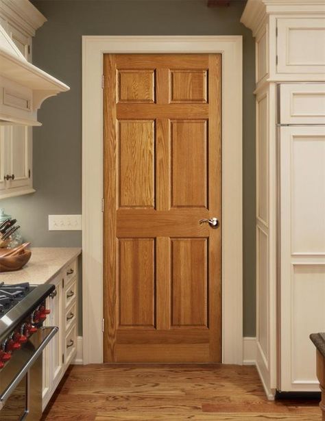 Oak doors, cream trim.  Love the kitchen color + cabinets. Stained Interior Doors, Wood Doors White Trim, Stained Doors, Oak Trim, Colors Schemes, Oak Doors, White Doors, Kitchen Cabinet Colors, Painting Trim