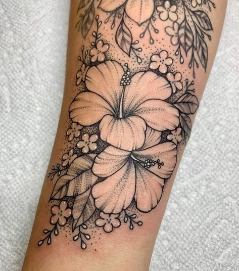 Mandala Hibiscus Tattoo, Womens Back Of Calf Tattoo, Shaded Hibiscus Tattoo, Hibiscus Half Sleeve Tattoo, Beach Flower Tattoo Ideas, Hibiscus And Monstera Tattoo, Beach Floral Tattoo, Sunflower And Hibiscus Tattoo, Hawaii State Flower Tattoo