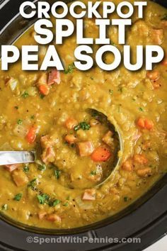 Crockpot split pea soup can be made with a hambone or with chopped ham. No need to fuss with this easy recipe, it turns out delicious every time! #spendwithpennies #crockpotsplitpeasoup #soup #recipe #ham #hambone #easy #best #crockpot #slowcooker Easy Split Pea Soup Crock Pot, Split Pea And Navy Bean Soup, Han And Split Pea Soup, Creamy Split Pea And Ham Soup, Ham Bone Soup Recipes Crock Pot Split Peas, Slow Cooker Pea Soup With Ham Bone, Easy Pea Soup With Ham Bone, Pea Soup With Ham Bone Slow Cooker, Crockpot Split Pea Soup With Ham Bone