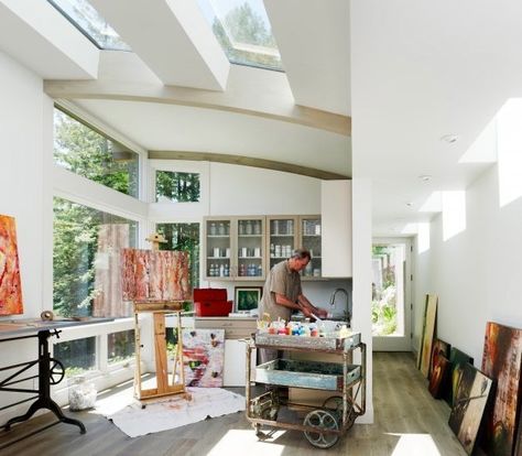 A small kitchenette in the craft studio with a large sink for washing brushes and such. pic from feldman arch studio Artist Home Studio, Home Studio Design, Art Studio Design, Contemporary Home Office, Art Studio At Home, Mill Valley, Creative Workspace, Artistic Home, Studio Room