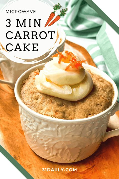 This Carrot Cake Mug Cake recipe is a 3-minute microwave mug cake dessert that's perfect for the season. Sweet, delicious, and oh-so-easy! Unlike its time-honored inspiration (the oven-baked carrot cake), our recipe is made super quick and easy in the microwave. And packed with simple ingredients you likely have on hand. You need to make this treat today! Carrot Cake In A Mug, Carrot Cake Mug Cake, Cake In A Mug Recipe, Mug Dessert Recipes, Microwave Mug Cake, Microwave Mug Recipes, Mug Recipe, Cake In A Mug, Microwave Dessert