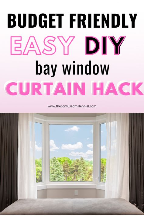 Easy DIY Budget Friendly Bay Window Curtain Hanging Hack, how to make a bay window curtain rod for $10, bay window curtain idea to solve curved rod problem, ideas for the home, home decor hacks, simple way to affordably cover bay window with custom drapes How To Hang Curtains On Bay Windows, Bay Window Seat Curtain Ideas, Bay Window Rods Diy, Curtains For Bay Window With Bench, Curtains Bay Window Kitchen, Kitchen Curtains Bay Window, Window Covering Bay Window, Drapes Bay Window, Alcove Curtain Ideas