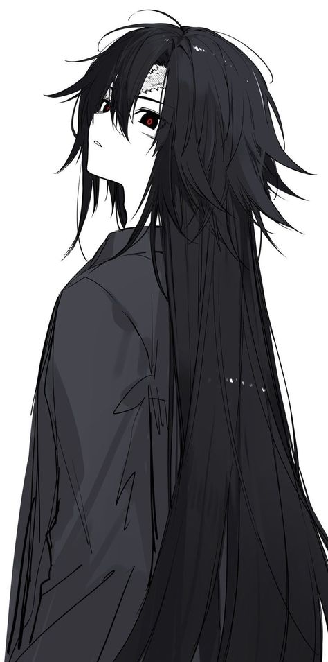 Stoic Anime Guy, Guy Running Hand Through Hair Reference, Long Haired Anime Characters, Long Haired Boy Drawing, Boy Long Hair Drawing, Anime Guy With Long Black Hair, Anime Boy Long Black Hair, Long Haired Anime Boy, Inhuman Oc