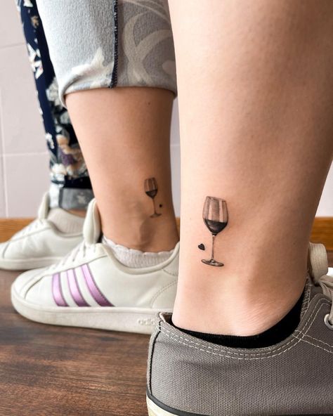 30+ Ankle Tattoos for Women That Will Rock Your Socks Bff Wine Glass Tattoo, Drink Matching Tattoos, Alcohol Best Friend Tattoos, Wine Matching Tattoos, Best Friend Tattoos Wine Glasses, Alcohol Tattoo Ideas Friends, Wine Tattoo Ideas Friends, Best Friend Wine Tattoos, Book And Wine Tattoo