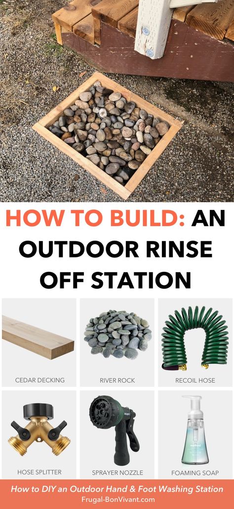 How to Build and outdoor hand and foot washing station. Supplies list, tools, and instructions for building a DIY rinse off station with cedar and river rock. Just add soap and water! Great for kids, messy play, gardening and backyards. Diy Outdoor Wash Station, Outdoor Rinse Off Station, Garden Wash Station, Outdoor Hand Washing Station, Foot Washing Station, Dog Washing Station Outdoor, Forest Playground, Outdoor Playscapes, Luxury Playhouses