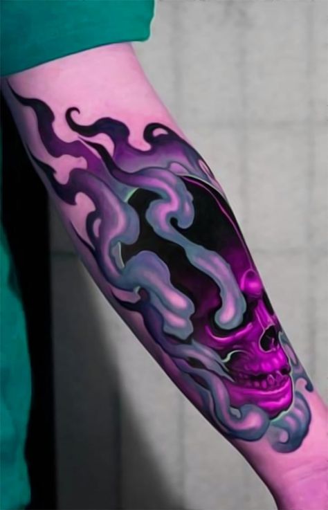 Purple Flame Tattoo, Colorful Goth Tattoo, Tattoo Color Scheme, Oil Slick Tattoo, New School Tattoo Designs Sketches, Blue Flame Tattoo, New School Tattoo Designs, Glitch Tattoo, Purple Tattoo