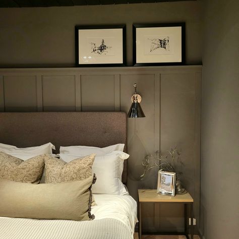 Wall Paint: Shale by Neptune Neptune Bedroom Ideas, Neptune Interiors, Panelled Walls Bedroom, Neptune Bedroom, Moss Paint, Rustic Farmhouse Bedroom, Cosy Bedroom, Beige Bed, Sanitary Ware