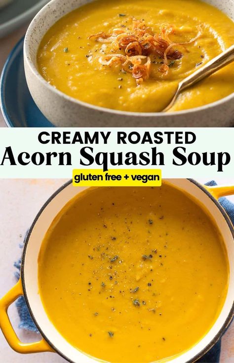 Creamy roasted acorn squash soup - made with a simple combination of veggies and spices that roast alongside the squash for easy prep and a deep, caramelised flavor! Top it off with crispy fried shallots for extra crunch! No added sweeteners or cream needed! Acorn Squash Soup Crockpot, Roasted Acorn Squash Recipes, Squash Soup Dairy Free, Soup Dairy Free, Gluten Free Fall Recipes, Acorn Squash Soup, Carrot Curry, Roasted Acorn Squash, Keto Soups