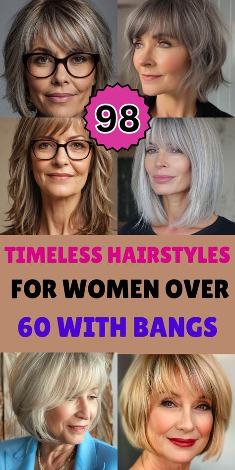 Age gracefully with these medium-length hairstyles with bangs for women over 60. From soft waves to sleek bobs, these styles are perfect for enhancing your features. Get inspired today! #MediumLengthHairstyles #BangsForWomenOver60 #AgelessBeauty Bob For 60 Year Old, Women's Haircut With Bangs, Medium Length Haircut With Short Bangs, Over 60 Hairstyles Medium Length, Above Shoulder Bob With Bangs, Hairstyles For Medium Length Hair Over 60, Bobs With Long Bangs, 60 Yr Old Hairstyles, Hair Styles For Women Over 60 With Bangs