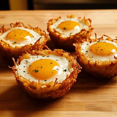 Enjoy Eggs in Crispy Hash Brown Baskets, a delicious breakfast dish featuring eggs baked in crispy hash brown nests for a tasty treat! Egg Nests Breakfast, Egg In A Nest Breakfast, Eggs In A Basket Recipe, Hash Brown Nests, Egg In A Basket, Hash Brown Egg Cups, Hash Brown Cups, Hash Brown Breakfast, French Eggs