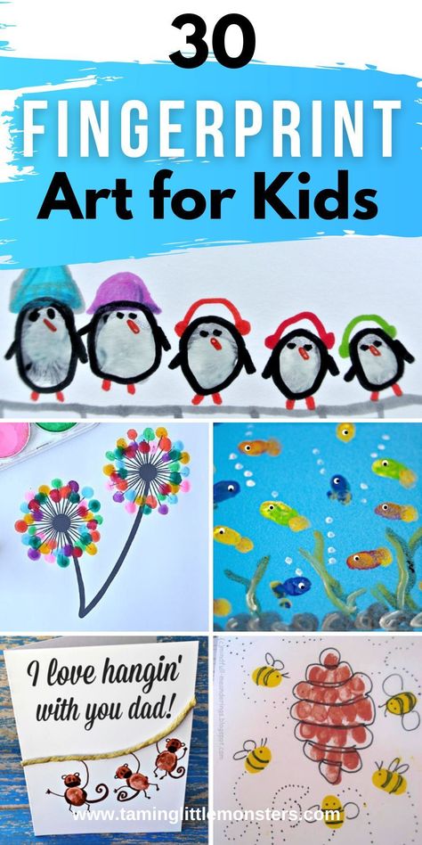 30 Ways to Make Fingerprint Art for Kids. Turn finger and thumbprints into these cute arts and crafts for kids. Perfects for toddlers, preschoolers and kindergarteners. #artsandcrafts #toddler #preschool #kindergarten Finger Stamp Art, Fingerprint Art Preschool, Balloon Fingerprint Art, Rainbow Fingerprint Art, Fingerprint Crafts For Toddlers, Fingerprint Keepsake Ideas, Toddler Fingerprint Art, Fathers Day Fingerprint Crafts For Kids, Finger Print Crafts For Kids