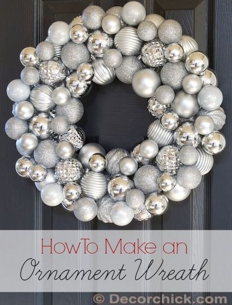 Christmas Ornament Wreath Tutorial | www.decorchick.com @Decorchick Cheap Christmas Diy, Door Hangings, Wreaths Christmas, Christmas Ornament Wreath, Christmas Wreaths To Make, Wreath Tutorial, Silver Christmas, Noel Christmas, Christmas Wreaths Diy