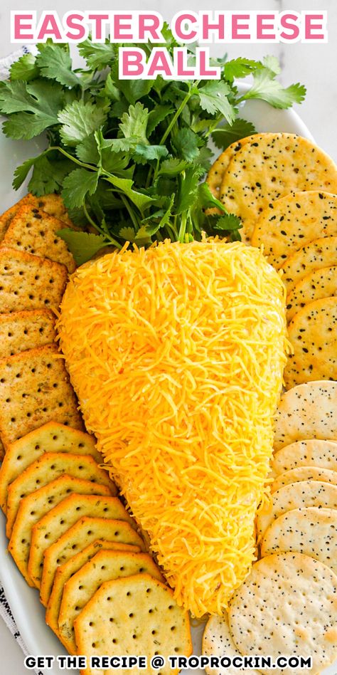 Easter cheese ball shaped like a carrot on a platter with crackers. Easter Cheese Ball, Easter Cheese, Easter Appetizer, Cheese Ball Recipes Easy, Easter Drink, Cheese Spread Recipes, Bbq Appetizers, Small Bites Appetizers, Homemade Appetizer